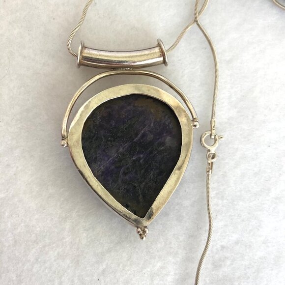 Sterling Silver 925 Teardrop Bezel Set Purple Charoite Pendant Necklace 20" - Picture 9 of 16